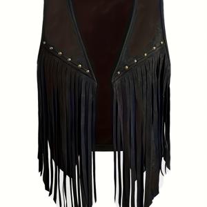 TEMU 여성용 태슬 장식 조끼 재킷, 민소매 스터드 웨이스트코트