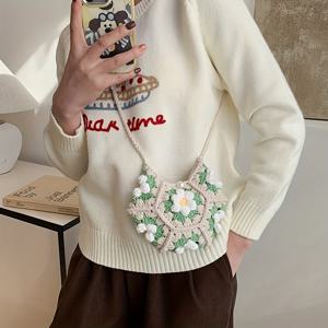 TEMU 할머니의 벚꽃 디자인의 수제 코바늘 가방, 여자친구를 위한 선물로 완벽하며, 어깨나 크로스바디 착용에 적합, 십 대에게