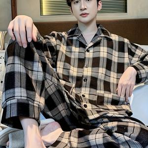 TEMU 남성 & 청소년용 체크무늬 파자마 잠옷 2세트 - 긴팔 V넥 셔츠 & 매칭 팬츠, 루즈핏 파자마 세트, 봄/가을 나이트웨어 (세탁기 사용 가능, 캐주얼 의류) - 2세트 번들