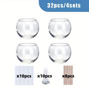 TEMU 32개 세트 캔들 글라스 캔들스틱 (구형 유리컵 4개 포함) + DIY 제작 액세서리 28종 (심 10개, 스티커 10개, 나무 홀더 8개), 테이블용 티램프, 웨딩, 야외 행사 및 파티용