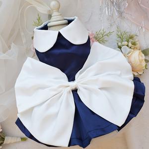 TEMU 펫 고양이와 강아지 드레스, 네이비 블루 리본 인형 칼라 웨딩 파티 펫 의상, 웨딩 가운 드레스