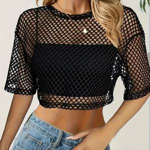 TEMU 여성용 세련된 메시 크롭 탑, 헐렁한 디자인, 드롭 숄더, 반팔, 캐주얼 스포츠, 다용도 봄 셔츠