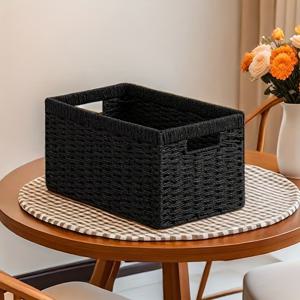 TEMU 1개 - 직조 종이 로프 수납 바구니, 13.4L×8.3H×7.1W인치, 선반에 적합, 손잡이가 있는 접이식 직사각형 디자인, 정리용으로 이상적, 선반 바구니