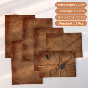 TEMU 10개 세트 (봉투*2+편지지*4+면직물 로프*2+걸이 장식*2) 손글씨 사랑 편지 시리즈 봉투 세트 레트로 크라프트 종이 편지지 봉투 세트 창의적인 문학적 손글씨 사랑 편지 로맨틱 고급 문구류