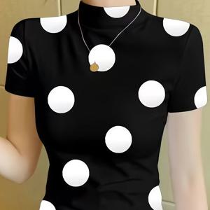 TEMU 여성용 세미 하이넥 반팔 티셔츠, 여름 신상 스타일리시 도트 아이스 슬릭키 섬유 탱크탑