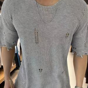 TEMU 새로운 여름 니트 남성용 반팔 풀오버, 라운드넥 디자인의 캐주얼하고 다재다능한 스타일. 플로럴 패턴과 디스트레스드 디테일이 특징이며, 편안한 스트리트 스타일에 완벽합니다.