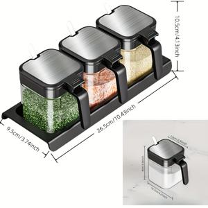 TEMU 뚜껑과 숟가락이 있는 스파이스 컨테이너, 투명 유리 조미료 병 스파이스 박스 소금 용기 설탕 그릇 주방용품, 카운터, 식품 보관함, 1개의 트레이 + 3개의 병 + 3개의 숟가락 블랙