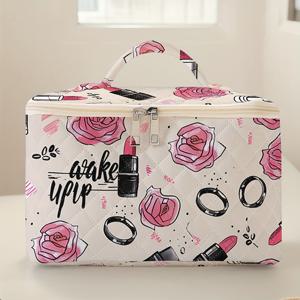 TEMU 장미 립스틱 패턴의 메이크업 가방, 브러쉬 및 용품 보관용 공구 상자, 넉넉한 공간을 갖춘 여행용 세면도구 정리함, 남녀 모두에게 적합한 귀엽고 스타일리시한 가방
