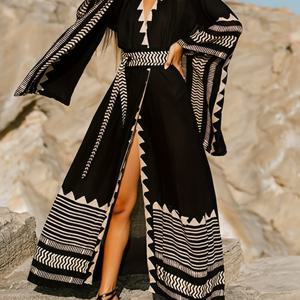 TEMU 여성용 민족 패턴 기모노 스타일 카프탄 로브, 여름 해변 휴가, 캐주얼 외출, 비키니 및 수영복 커버업용으로 적합, 더 큰 사이즈