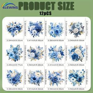 TEMU 12개 블루 플라워 아이언 온 패치 - 티셔츠, 청바지, 모자, 가방용 DIY 열전달 비닐 데칼 - 옷, 백팩, 데님에 쉬운 붙이기 & 떼기 패브릭 전사 - 축제 의상, 코스프레, 의상 디자인을 위한 재미있는 장식 스티커 - 세탁 가능하고 균열 없는 아이언 온 패치