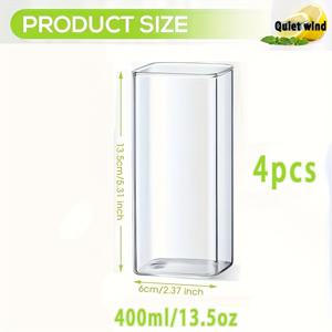 TEMU 4개 세트 사각 유리컵, 13.5온스 주스 글라스, 고 붕규산 투명 유리 재질, 주스, 맥주, 칵테일, 음료, 커피, 우유 및 혼합 음료에 적합, 가정용 다용도 주방용품, 파티, 레스토랑에 적합