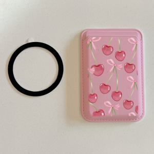 TEMU 1개 핑크 체리 프린트 자석 PU 가죽 지갑 - 아이폰 16/15/14/12용 강력한 자석 카드 홀더 (카드 2장 수납 가능) + 무료 메탈 링 어댑터 포함, 삼성/구글/모토 기기 호환