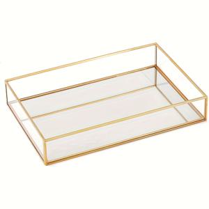 TEMU 1개 골든 유리 향수 트레이 거울 화장품 보관함 귀걸이 반지 정리대, 드레서 서랍용 사무실 데스크탑 잡화 정리대, 우아한 코스메틱 디스플레이 커피 테이블 트레이 홈 장식용 주얼리 트레이