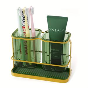 TEMU 조리대 칫솔 홀더, 전동 칫솔 및 치약 랙, 후크가 있는 욕실 벽에 적합, 배수 트레이 욕실 액세서리 보관용 2컵 칫솔 보관 상자 (녹색)