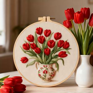 TEMU 성인 초보자를 위한 자수 키트, 튤립 꽃병 사전 인쇄 패턴, 바늘, 실, 자수틀, 설명서 포함 – 취미 애호가, 친구, 가족, 어머니, 선생님을 위한 완벽한 선물 – 집이나 사무실 장식에 이상적