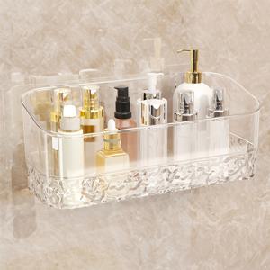 TEMU 1개 접착식 욕실 정리 선반 - 드릴 불필요 벽걸이형 투명 질감 플라스틱 수납 상자, 3단 선반 포함, 전원 불필요, 공간 절약형 화장대 & 화장실 정리함, 욕실 정리 용품 및 수납