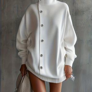 TEMU 여성용 화이트 버튼 하이넥 긴팔 가을/겨울 원피스