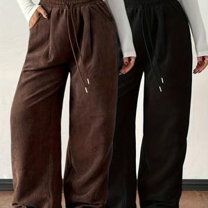 TEMU YY0916105 신축성 허리 캐주얼 코듀로이 와이드 레그 팬츠