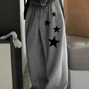 TEMU 스타 펜타그램 프린트가 돋보이는 트렌디하고 멋진 여성 의상, 캐주얼 힙합 스트리트 스타일, 기모 안감, 다용도 가을/겨울 스웨트팬츠
