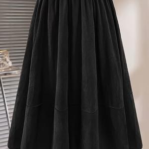 TEMU 여성용 코듀로이 미디 스커트, 신상 가을/겨울 A라인 하이웨이스트 패치워크 우산 스커트 탄력성 허리밴드