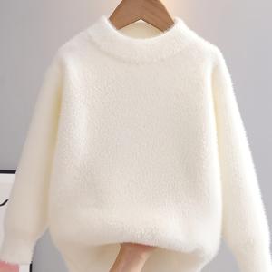 TEMU 여아 솔리드 컬러 스웨터, 스타일리시한 두꺼운 인조 밍크 풀오버, 가을/겨울용, 어린이 및 유아용, 니트