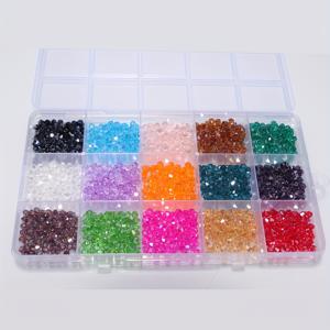 TEMU 주얼리 공예용 루즈 스페이서 비즈 세트. 3mm, 4mm, 6mm 바이코날 비즈가 특징이며, 다면체 불규칙 유리 디자인으로 구성되어 있으며, 15칸 박스에 정리되어 있습니다.