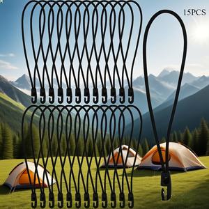TEMU 15개 후크 짧은 탄성 로프 기타 (캠핑 텐트 추가) 10인치 - 야외 캠핑 텐트 묶음 조절 가능 햇빛 가리개 텐트 말뚝 블랙