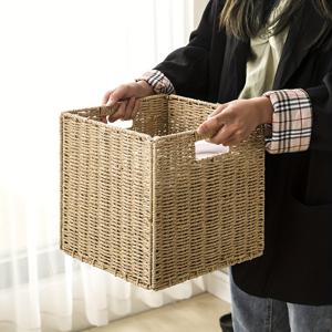 TEMU 2개 수제 직조 종이 로프 접이식 세탁물 옷 보관 바구니 | 침실 거실용 사각 간식 보관 바구니, 손잡이 및 선반 바구니 다용도 사용