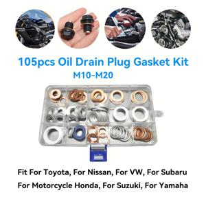 TEMU 105개 M10-M20 오일 드레인 플러그 개스킷 어소트먼트 키트, 미터법 알루미늄 구리 평면 씰링 오일 크러시 와셔 씰 어소트 평면 메탈 와셔 키트 스바루 토요타 혼다 VW 아우디 스즈키 야마하 트라이엄프용