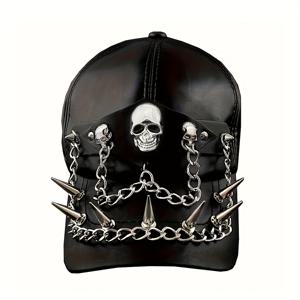 TEMU 쿨 고스 스컬 PU 가죽 모토 캡 베이스볼 모자 남성 바이커 펑크 링크 체인 블랙 남성 의류 패션 펑크 모자 리얼 바이커 캡 캐주얼 리벳 모자