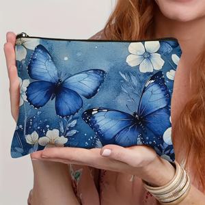 TEMU 1pc 블루 메이크업 백 – 생생한 꽃 무늬 디자인, 내구성 있는 폴리에스터 화장품 파우치 여행, 출장 및 야외 사용, 지퍼 잠금 장치가 있는 휴대용 세면 도구 정리, 여행용 메이크업 백 | 나비 무늬 백 | 폴리에스터 메이크업 백, 여행용 메이크업 백