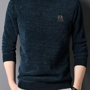 TEMU 남성용 세미 하이 라운드넥 가을/겨울용 안감 두꺼운 셔닐 풀오버 스웨터