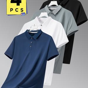 TEMU 솔리드 컬러 디자인의 남성용 여름 반팔 폴로 셔츠 4종 세트, 레귤러 소매, 여름 신상, 캐주얼하고 스타일리시하며 통기성이 좋으며 칼라, 풀오버 스타일로 편안한 주말에 완벽합니다.