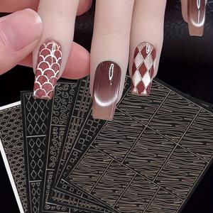 TEMU 6개/세트 네일 아트 홀 스티커 세트, 타탄 라인 그리드/ 프린트/물고기 비늘 무늬/얼룩말 줄무늬 디자인, 네일 살롱을 더 쉽게 만드는 네일 아트 플레이트 템플릿, 홀아웃 스프레이 페인팅 네일 장식 DIY