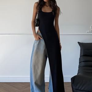 TEMU 여성용 솔리드 컬러 슬림핏 패션 개성 U넥 디자인 탑 티셔츠 (여성)