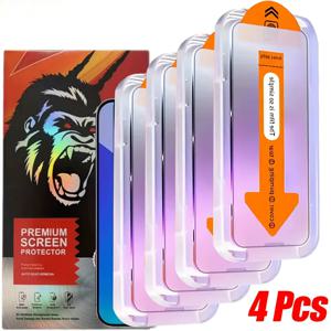 TEMU 아이폰 17 프로 맥스/17 에어/17 프로/15 16 Pro 맥스/16/16e/15/14/13/12/11/플러스/미니/XS Max/XR/X용 4개입 고릴라 HD 강화유리 스크린 보호필름, 원클릭 필름 적용기, 먼지 방지, 풀 커버리지, 케이스 친화적 스마트폰 액세서리