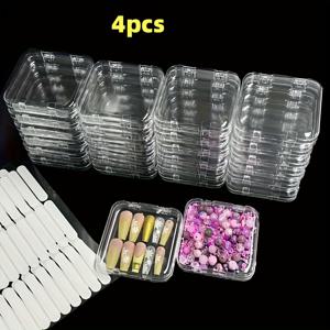 TEMU 네일 아트 보관용 투명 플라스틱 상자 4개 세트 (뚜껑 포함) - 반짝이는 디스플레이 용기 (프레스온 네일용) - 양면 테이프 60개, 인조 네일 키트, 매니큐어 살롱 용품 정리함 포함