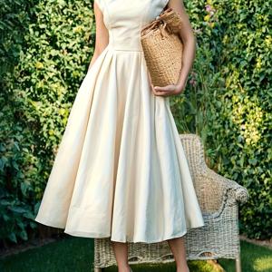 TEMU 우아한 빈티지 민소매 허리 묶는 맥시 드레스 | 단색, 스쿱넥, 올 시즌, 스윙 스타일 - 가빈