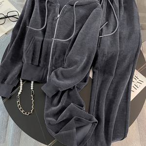TEMU 회색 라운지웨어 투피스 세트 루즈핏 후드 와이드 레그 팬츠 세트 여성용 코듀로이 라운지웨어 세트 지퍼 후드 드로스트링 팬츠 코스탈 할머니 스타일 패션 세트 조용한 럭셔리 라운지웨어 독서 주말룩 편안한룩 카페룩