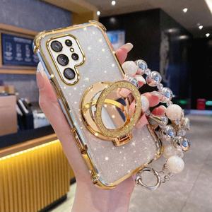 TEMU 휴대폰 케이스 - 삼성 S24 울트라, S24 플러스, S24 FE 보호 케이스, 링 마그네틱 폴딩 메이크업 거울 스탠드, 그라데이션 샤이니 글리터 디자인, 충격 방지 소프트 백 커버, 스타일리시하고 우아한 팔찌 체인 특징