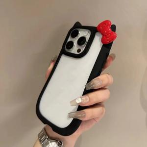 TEMU 휴대폰 케이스 - 귀여운 고양이 귀 리본 풀 랩 충격 방지 보호 케이스, 아이폰 16, 15, 14, 13, 12, 11, XR, X, 8, 7 Pro Plus Max용 Apple 아이폰 크리에이티브 니치 디자인 - T06 레드 리본