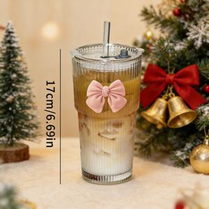 TEMU 4개 세트 (물컵+뚜껑+빨대+리본 장식) 휴일 선물 투명 유리컵 - 대용량 핫초콜릿 & 에그노그 용기 | 가족과 친구를 위한 완벽한 선물