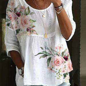 TEMU 플러스 사이즈 캐주얼 티셔츠, 여성용 플러스 플로럴 프린트 반소매 라운드 넥 티셔츠