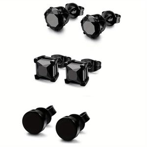 TEMU 3쌍 304 스테인리스 스틸 남녀 공용 스터드 귀걸이 세트, 피어싱용 알레르기 방지 블랙 이어링 (6개입, 3쌍)