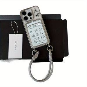 TEMU 아이폰 16 프로/15 플러스/14/13/12/11용 애니멀 강아지 카툰 랜야드 카드 홀더 케이스 (실버 프레임)