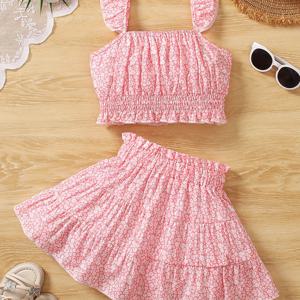 TEMU 120-170 랜덤 플로럴 프린트 캐미솔 탑 + 플러터 소매 & 러플 트림 우산 허리 숏 무릎 스커트 투피스 세트, 봄 여름 가을 캐주얼 패션 아웃도어 웨어