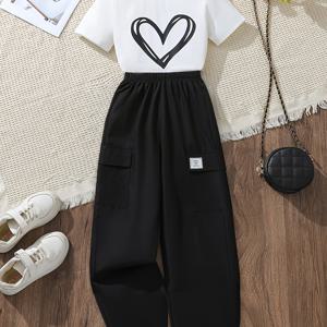 TEMU 고평균 평점 여아 패션 캐주얼 아웃도어 투피스 세트 하트 프린트 + 카고 팬츠 앤 핸섬스 봄 여름 스타일, 야외 데일리 웨어 선물용, 여아 학교 유니폼, 학교 상의, 십대 여아 학교복