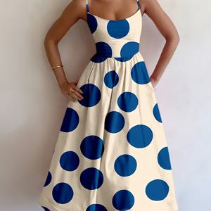TEMU 여성용 우아한 오프숄더 블루 & 화이트 도트 드레스 - 가벼운 플레어 스커트, 기계 세탁 가능 여름 해변 휴가 드레스, 캐주얼 및 정장 이벤트용, 매끈한 질감 원단