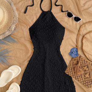 TEMU 여성용 슬리브리스 백리스 바디콘 드레스, 타이백 디테일 포함 - 베이지 미니 드레스, 여름, 캐주얼 및 정장 착용, 다용도 패션, 우아한 디자인, 질 좋은 소재