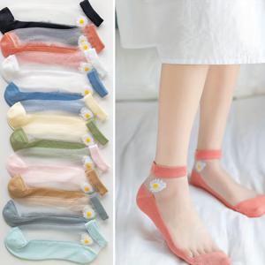 TEMU 데이지 여름 여성용 숏 양말 10켤레, 유리 숏 양말, 카세트 보트 양말, 초박형 시스루 숏 스타킹